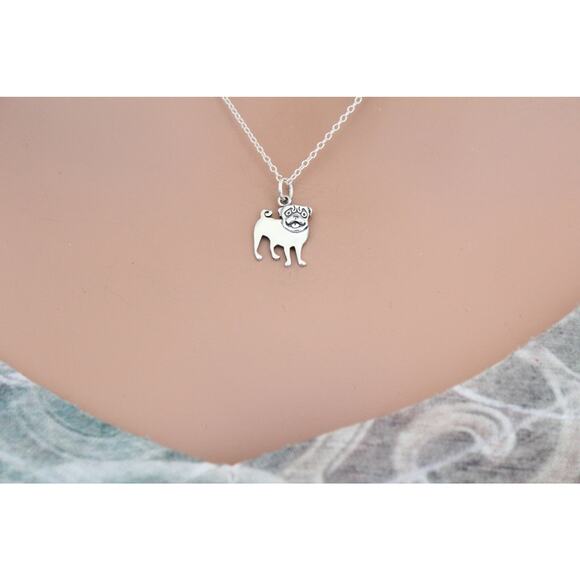Sterling Silver Pug Dog Charm Necklace, Silver Pug Dog Charm Necklace - Picture 1 of 4